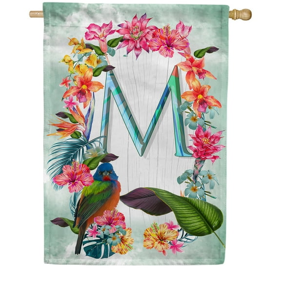 America Forever Summer Floral Wreath Monogram House Flag Letter M 28 x 40 inches Parrot Macaw Hibiscus Palm Leaves Double Sided Vertical Outdoor Yard Lawn Decorative Tropical House Flag