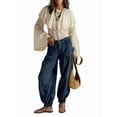 thumbnail image 1 of Women'S Lotus Tube Jeans Mid Rise Baggy Wide Leg Jeans Ruffle Pleated Denim Pants with Drawstring Deep Blue S, 1 of 8