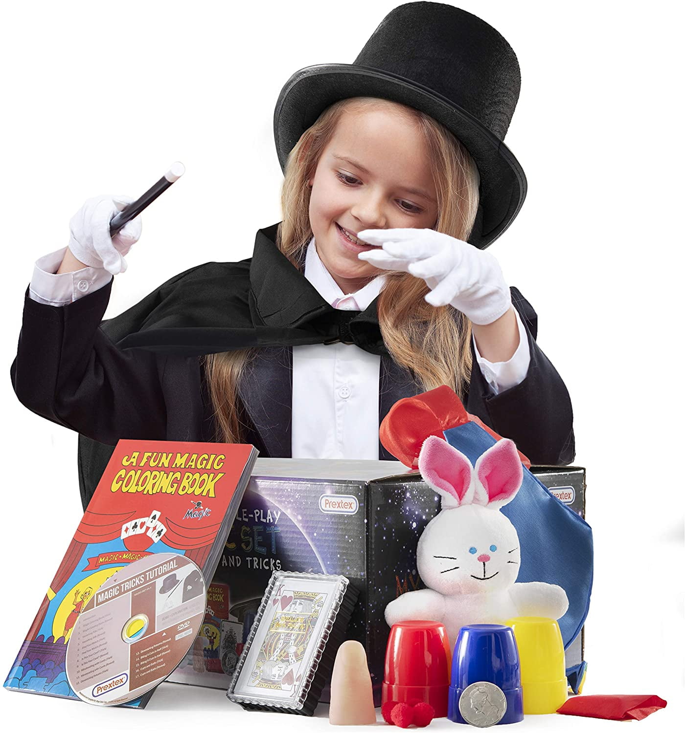 Prextex Kids Magic Set | Kiddie Magician Role Play Costume and Tricks Set for Kids - Pretend Play Dress Up Set with Exciting Magic Trick Props and 1 Full Hour Training Instruction DVD