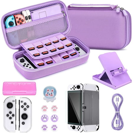 16 in 1 Nintendo Switch OLED Case Bundle, Includes Switch OLED Carrying Case, Screen Protector, Adjustable Stand & More-Purple
