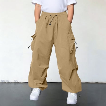 Ulitacool Teen Boy S Pants 11-12 Years Straight Leg Kids Cargo Pants With Multiple Pockets Comfortable Trousers Solid Color Baggy Slacks Khaki