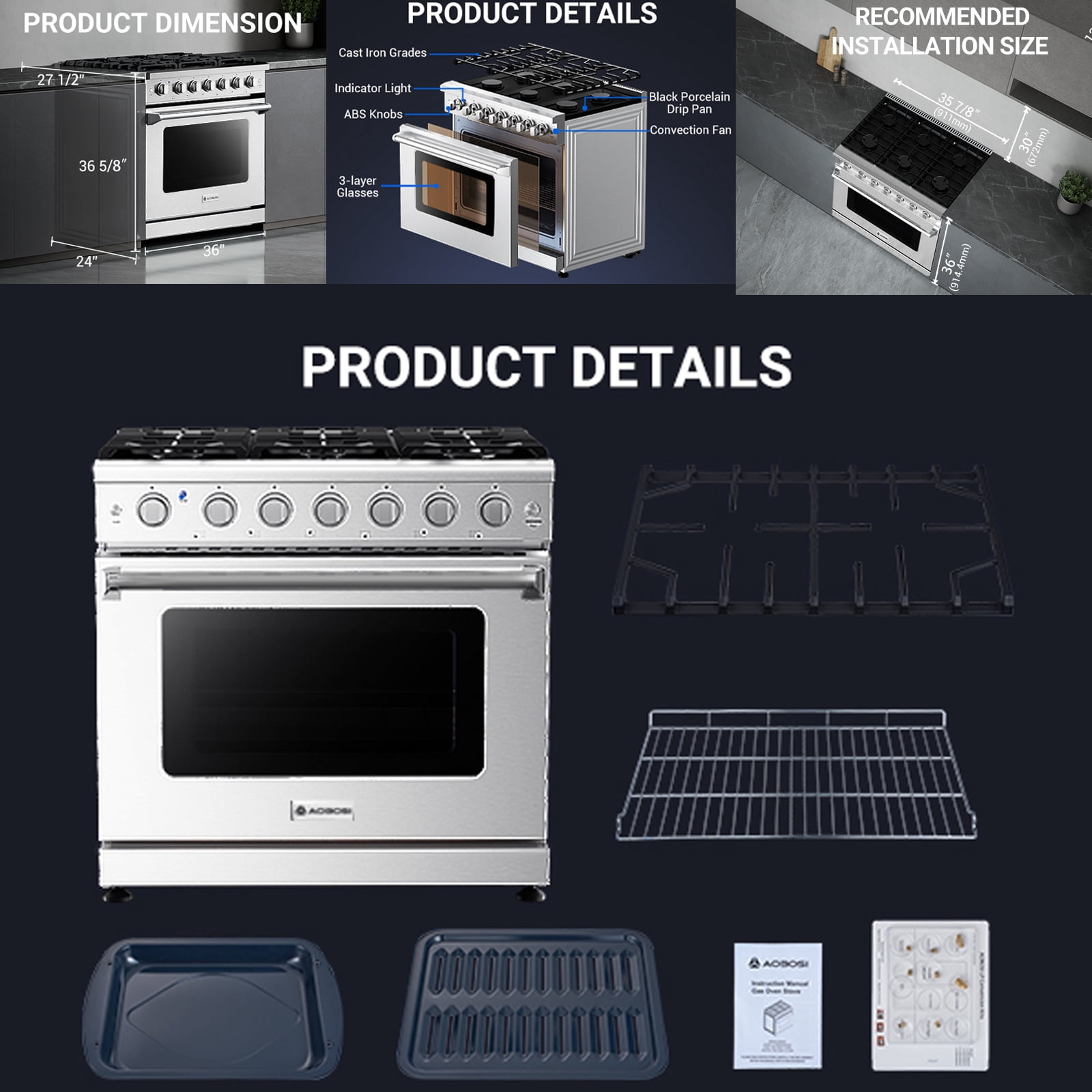 AAOBOSI 36 Inch Front Control Gas Range Oven with 6 Cooktop Burners, 6 Cu. Ft Convection Oven with Knobs Control, Heavy Duty Cast Iron Grates in Stainless Steel