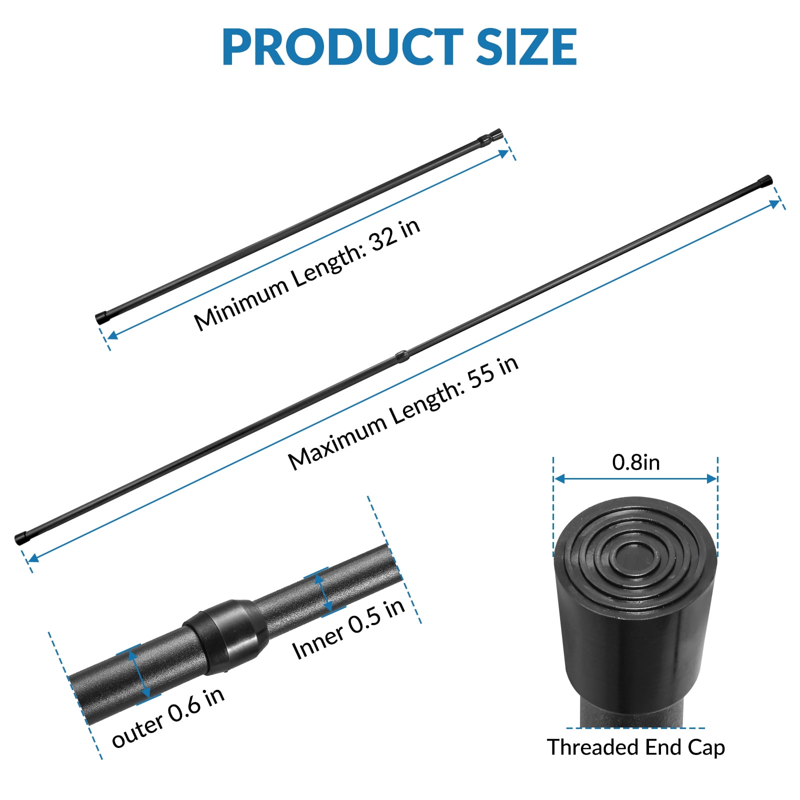 BEAMNOVA 32"-55" Adjustable Tension Curtain Rod, 5/8" Diameter, Spring Tension Rods for Windows Cabinet Wardrobe Closet Shower Curtains, Black (8 Pack)