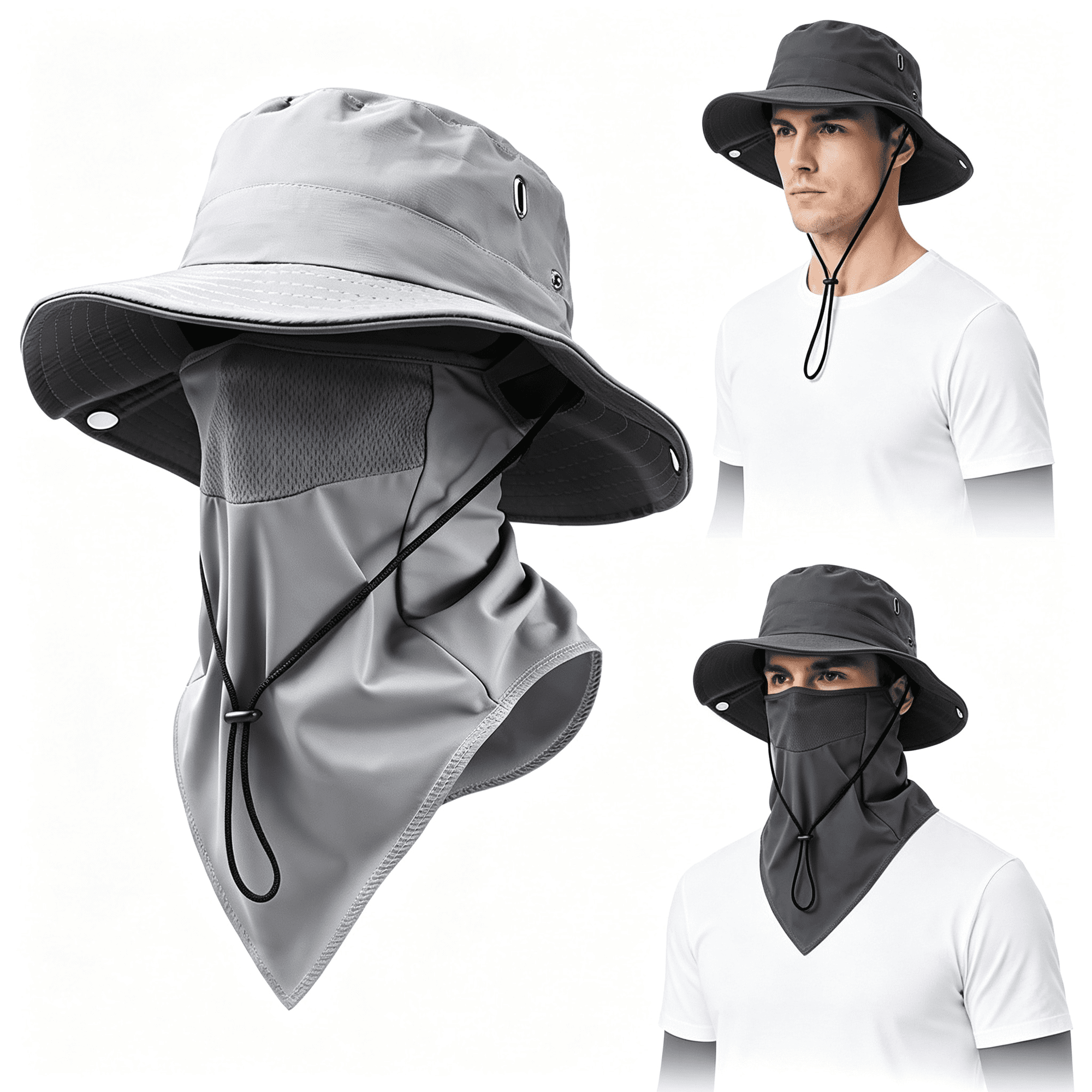 TELOLY Breathable Fisherman Hat with Detachable Face Mask Sun Hat Neck Flap Wide Brim Bucket Hat for Men Hiking Fishing Versatile Fishing Hat for Men