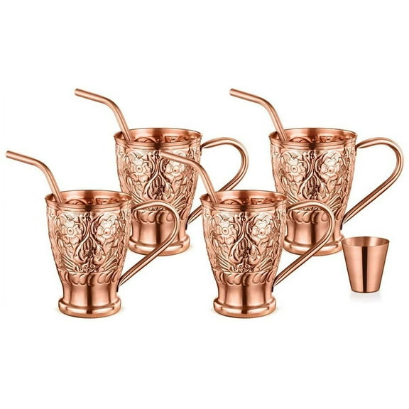 AVADOR Set of 4 Handcrafted Engraved 100% Pure Copper Moscow Mule Mugs 16 Oz. Gift Set Boxed with Shot Glass and Copper Straws