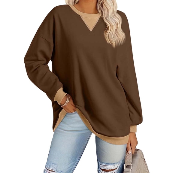 FRSASU Womens Oversized Sweatshirt Color Block Long Sleeve Crewneck Tunic Tops Loose Fit Pullover Khaki-A