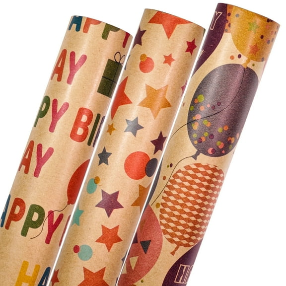 Jestar 3 Rolls Christmas Gift Wrapping Paper Set - Colorful Ballon Star with Classic Happy Birthday Kraft Gift Wrap for Holiday Presents - 42.6 sq. ft. ttl