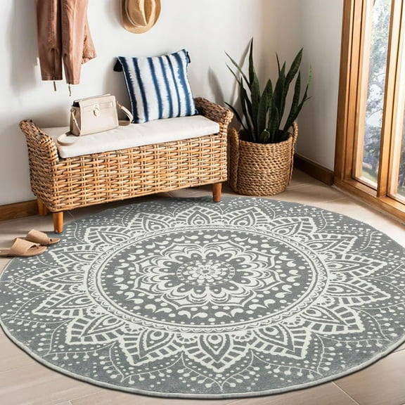 MJIAexp 5.3ft Mandala Boho Round Rug Circle Rug Non-Slip Machine Washable Area Rug Soft Bedroom Rug Throw Rug Vintage Carpet for Living Room Kitchen Dorm Coffee Table Gray White