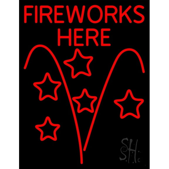 Fireworks Here LED Neon Sign 19 x 15 - inches, Clear Edge Cut Acrylic Backing, with Dimmer - Bright and Premium built indoor LED Neon Sign for special occasion decor.