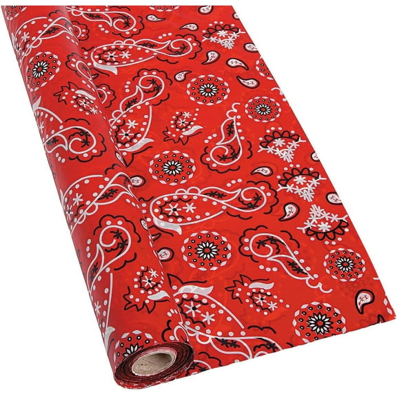 Fun Express Red Bandanna Tablecloth Roll – Cowboy Western Party Supplies 100ft Disposable Plastic Roll Durable Easy-Clean Ideal for Events & Celebrations Perfect for Western-Themed Parties – 1 Piece