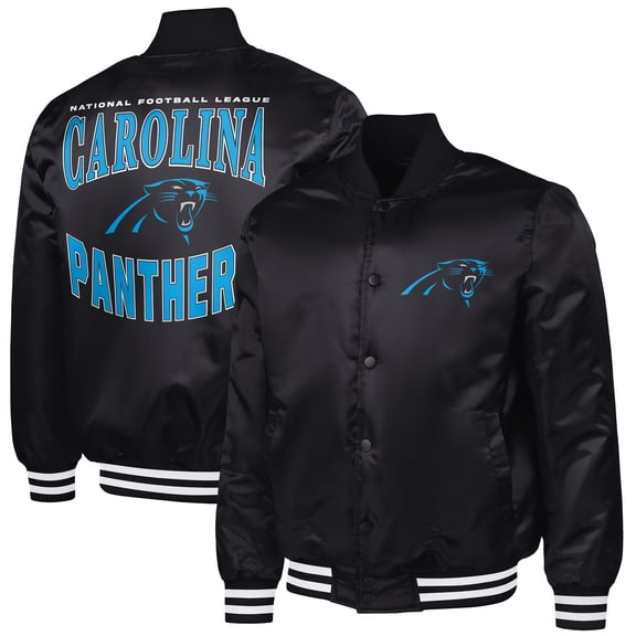 Men's G-III Sports by Carl Banks Black Carolina Panthers Adaptive Team Graphic Satin Full-Snap Varsity Jacket