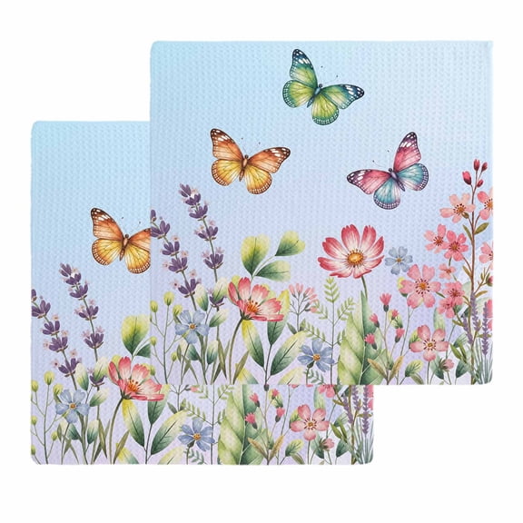 Blue Pink Flowers Kitchen Dish Towels for Drying Dishes Set of 2, Spring Floral Butterfly Elegant Pastoral Waffle Weave Microfiber Hand Tea Bathroom Towels Quick Dry & Absorbent Towel 12x12