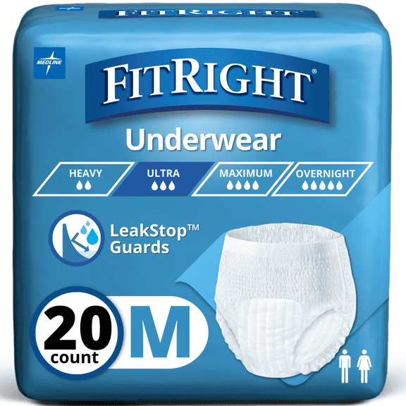 FitRight Incontinence Underwear for Men and Women, Adult Diapers, Ultra Absorbent, Medium, 28in to 40in, 20 Count