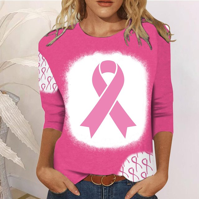 TIMIFIS Chandails de Sensibilisation au Cancer du Sein pour Femmes Ruban Chandail à Manches Longues Blouse Imprimée T-shirt Ample Blouse à Manches 3/4 Col Rond Hauts Décontractés Automne/hiver