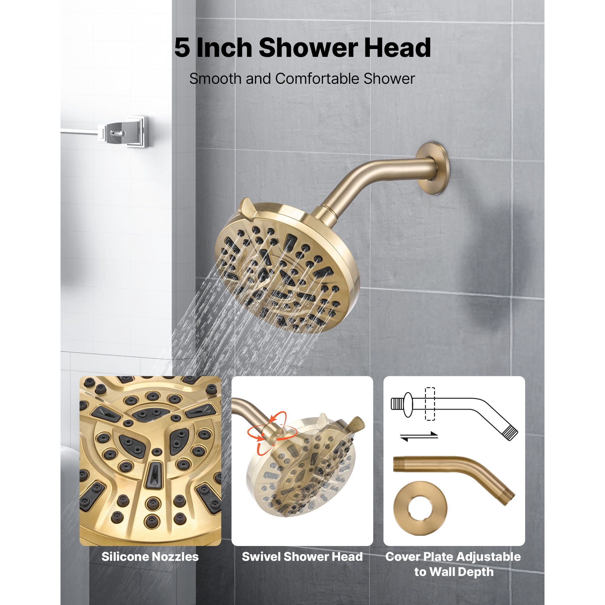 Tub and Shower Faucet Set 4-Piece Pressure Balancing Valve 8 Shower Modes Gold Finish for Bathroom