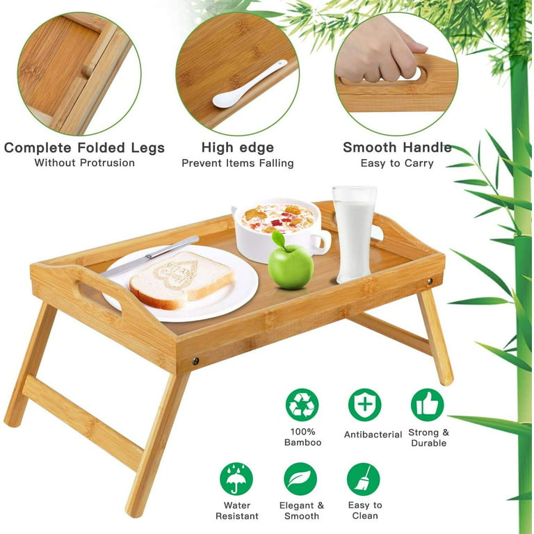 Bed Tray Table for Eating Bamboo Breakfast Food Table with Folding Legs  Stable