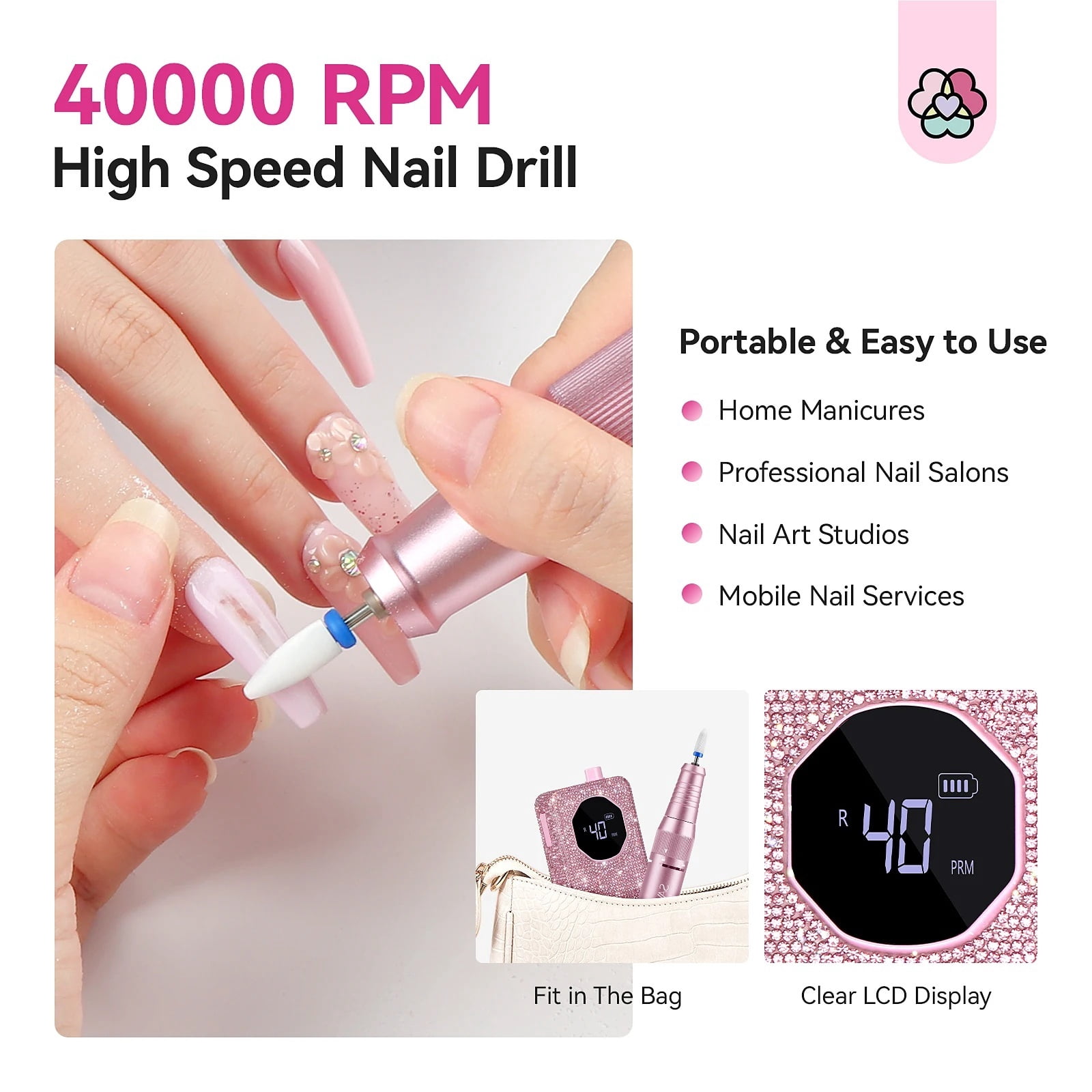 40000RPM Professional Electric Nail Drill Machine Kit Rechargeable 4000mAh Electric Nail File for Thick Acrylic Nails