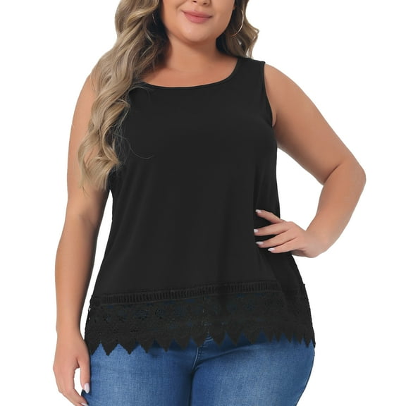 DARING DIVA Women's Plus Tank Tops Round Neck Swing Lace Panel Flowy Tops 1X Black