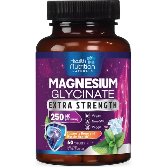 Magnesium Glycinate 250mg Per Serving - High Absorption 100% Chelated Magnesium Formula - Muscle, Nerves, Bone & Heart Health Support Supplement, Gluten-Free Non-GMO Vegan - Bottled USA - 60 Tablets