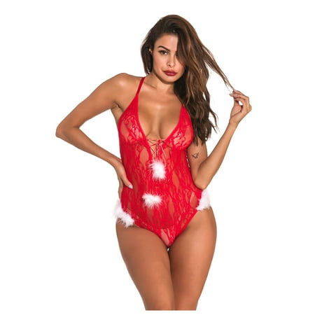 

Sayhi Teddy Women s Lace Deep V Christmas Lingerie One-Piece Sexy Babydoll Bodysuit Pinup Lingerie