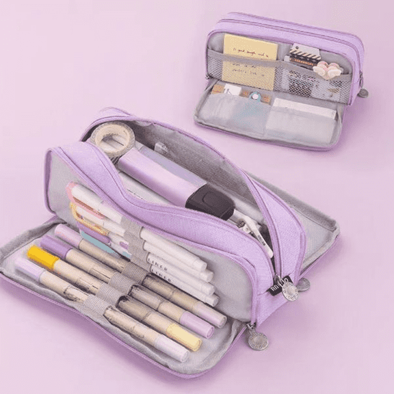 Bxaolu Pencil Case, Large Capacity Pencil Pouch Pen Bag with 3 Compartments, Portable Oxford Pen Organizer with Zipper, Cute Pencil Pouch Bag, Purple