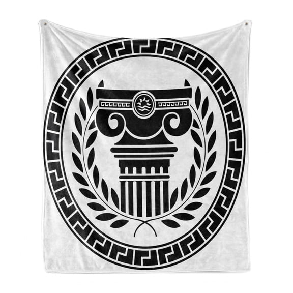 Retro Soft Flannel Fleece Throw Blanket, Hellenic Column and Laurel Wreath Heraldic with Olive Branch Graphic, Cozy Plush for Indoor and Outdoor Use, 50" x 70", Black White, by Ambesonne
