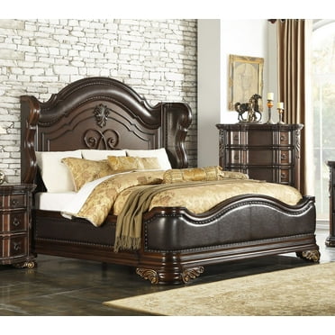 Royal Bed Cherry Finish 1pc Queen Size Bed Faux Leather Upholstered Headboard Footboard Traditional Bedroom Furtniture