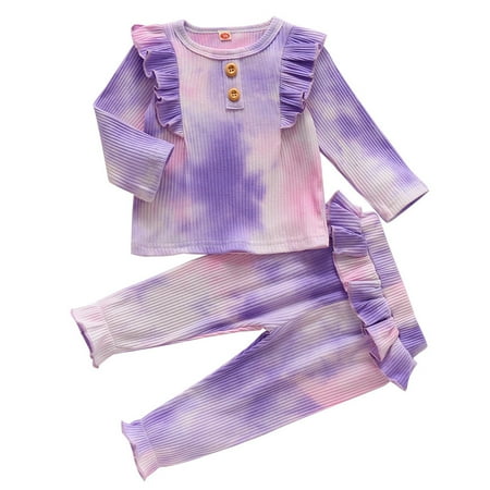 

Odeerbi Baby Boy Girl Clothes Toddler Outfit Long Sleeve Rainbow Tie-Dyed Ruffles Tops Pants Outfits Purple