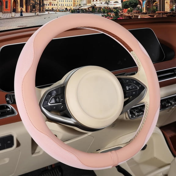Nappa Leather Steering Wheel Cover Warm in Winter and Cool in Summer Advanced Microfiber Leather Non-Slip Breathable Fabric Universal 15 Inch, Pink-Round