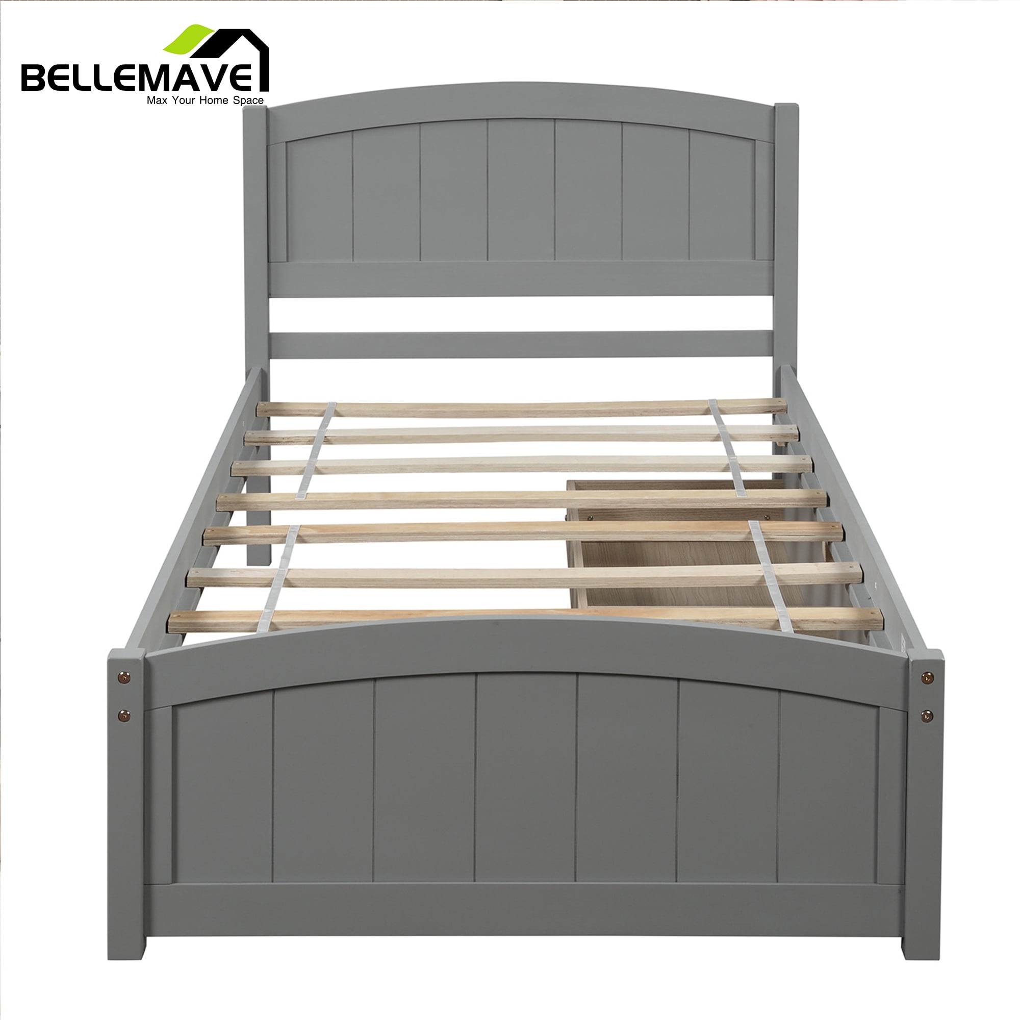 Twin Platform Bed Frame with Storage Drawer, Twin Bed Frames with Headboard and Slats, Twin Size Platform Bed Frame(Gray)