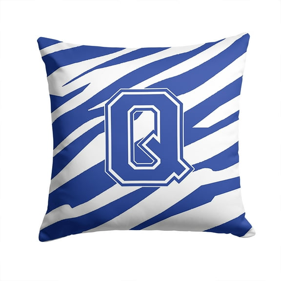 Letter Q Initial Tiger Stripe Blue and White Fabric Decorative Pillow