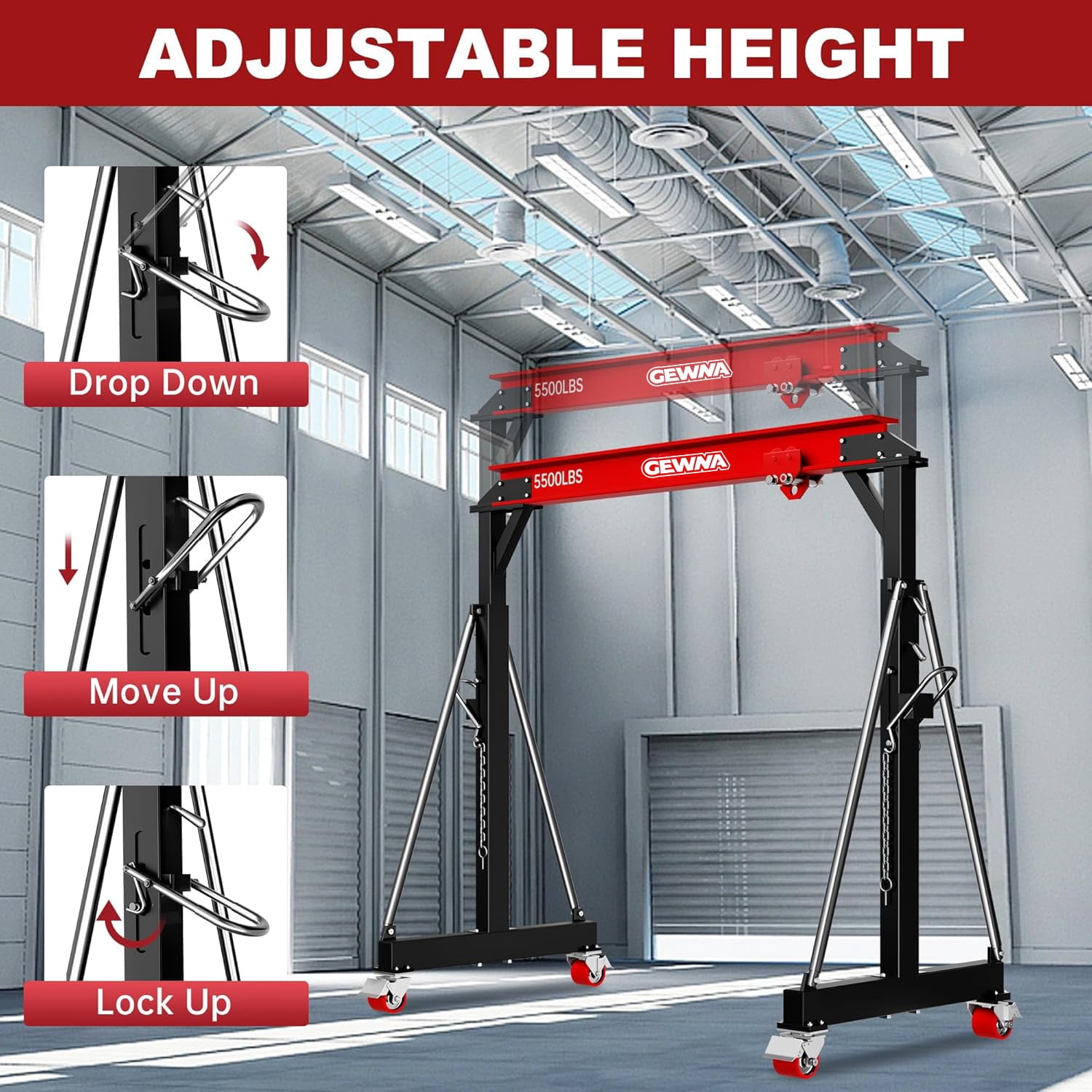 Gewna Adjustable Steel Gantry Crane, 2 Ton/ 5000 lb Capacity, 8.2-12.5ft, Portable Lift Hoist on Wheels with Manual Trolley