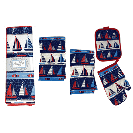 

Coastal Living Seascapes Kitchen Dish Towels Potholder Oven Mitt Drying Mat Set 5-Piece Set (Sailboats)