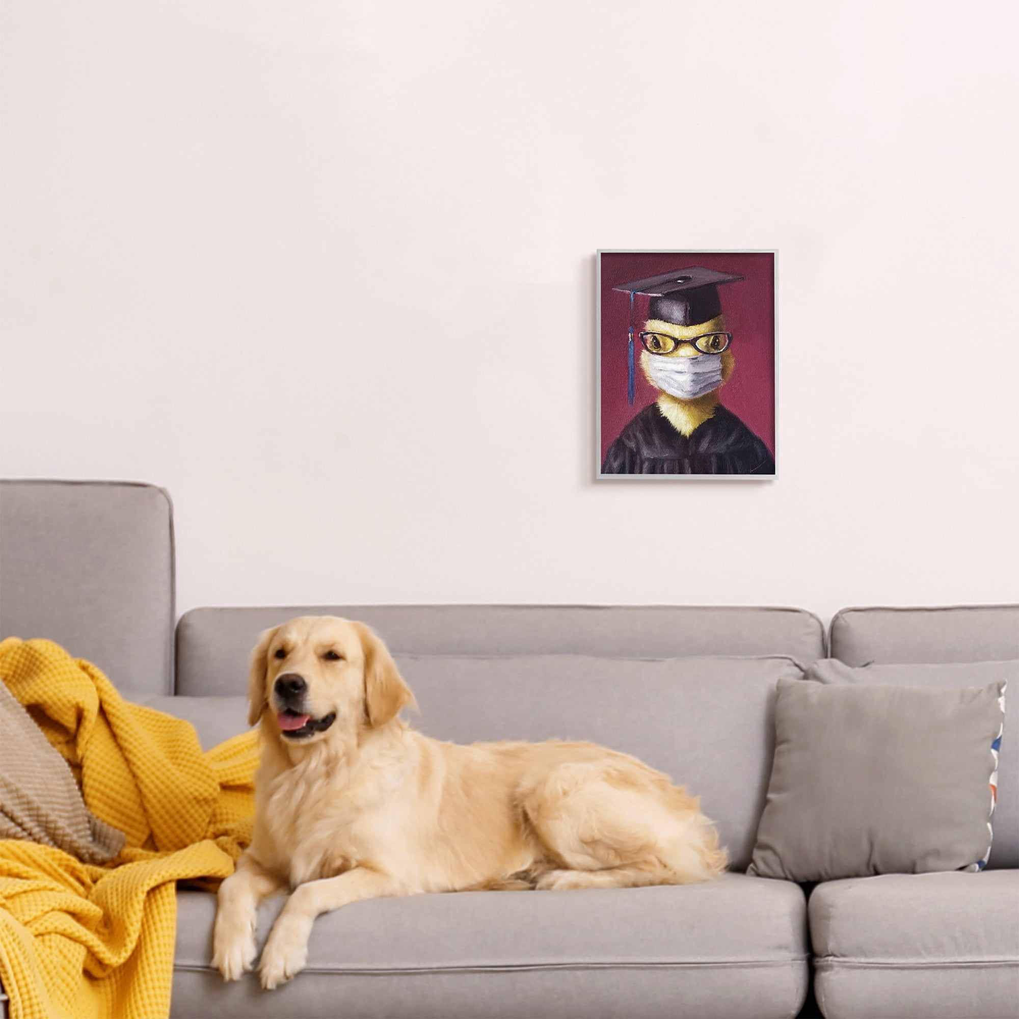Stupell Industries Duckling Bird Graduate Face Mask over Red Paintings Gray Framed Art Print Wall Art, 11x14, by Lucia Heffernan