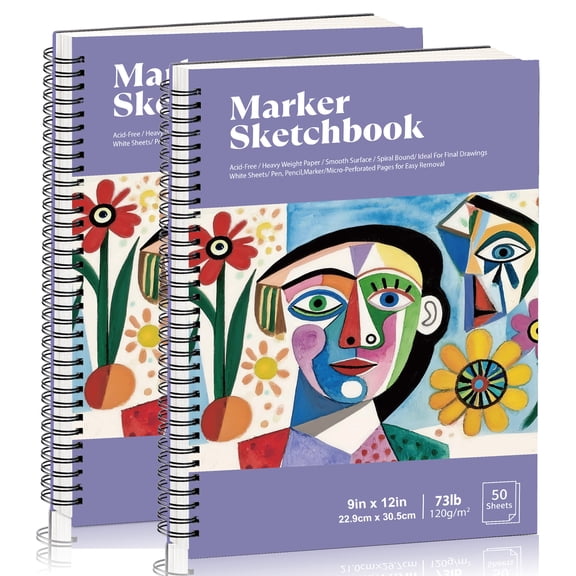 2 Pack A4 Marker Paper Pad 50 Sheets, 9×12 Inch Bleedproof Art Sketch Pad, 73lb/120gsm Drawing Paper Spiral Sketch Book, Alcohol Marker Paper Painting Coloring Paper for Beginners, Artists, Gift