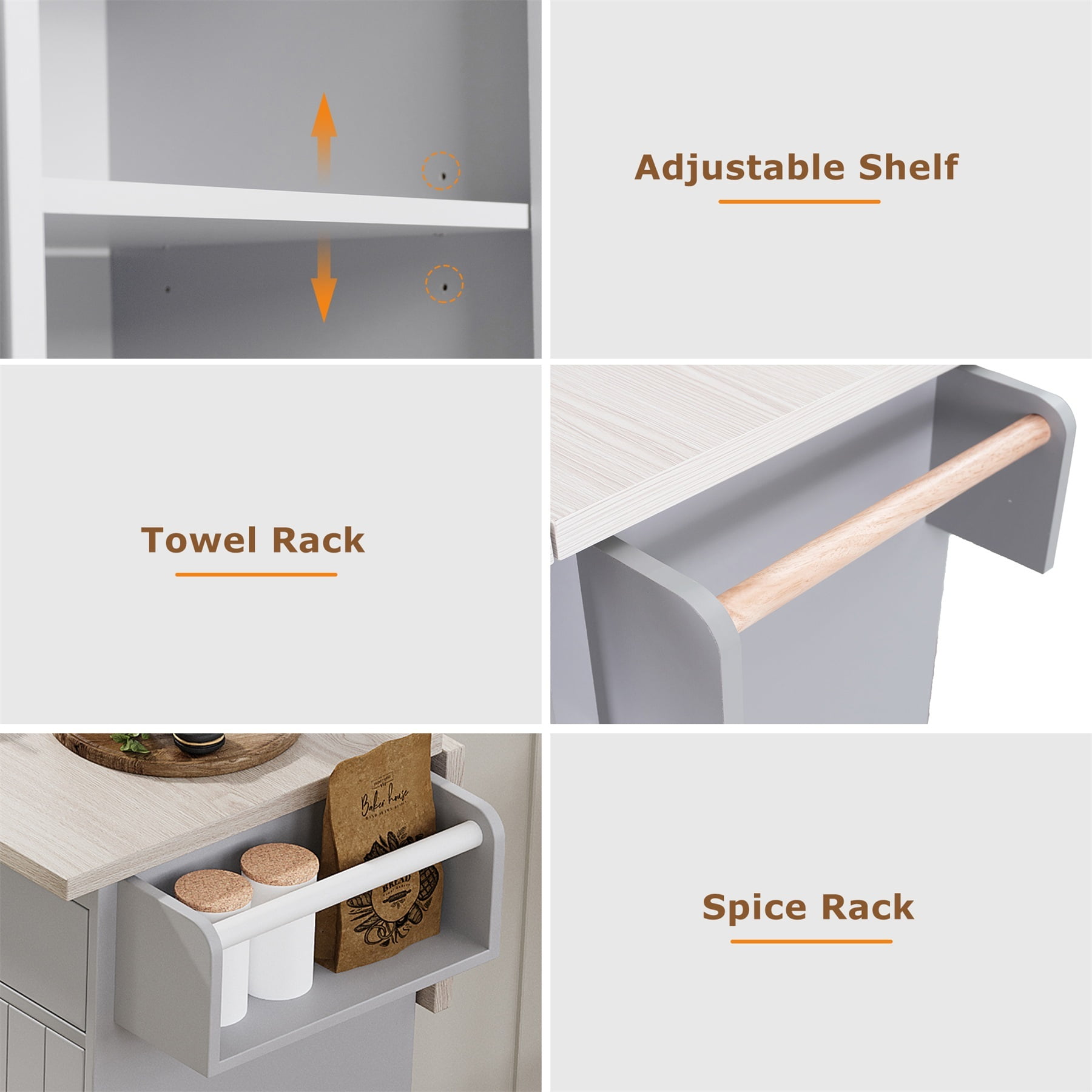 Alvantor Kitchen Island Carts with Trash Can, Rolling Buffet Cabinet with Drop Leaf,Spice Rack and Towel Rack for Dining Room Living Room Grey