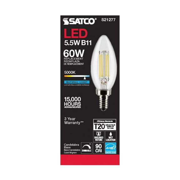 SATCO S21277 5.5W 120V B11 5000K 500 Lumen LED E12 Candelabra Base Light Bulb Dimmable (6 Pack)