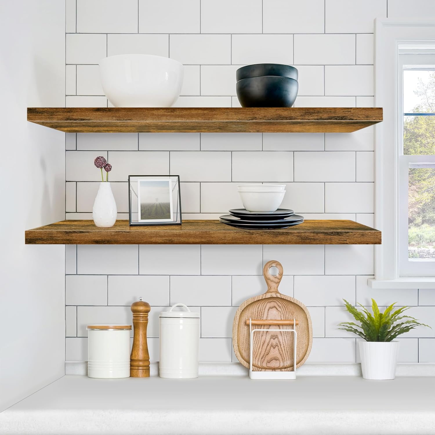 Floating Shelves for Wall - 35 Inch Long Bathroom Shelves, Wall Decor for Bedroom, Kitchen, Living Room & Book Storage - Mounted Floating Shelf with Brackets (Brown, 2 Pack)