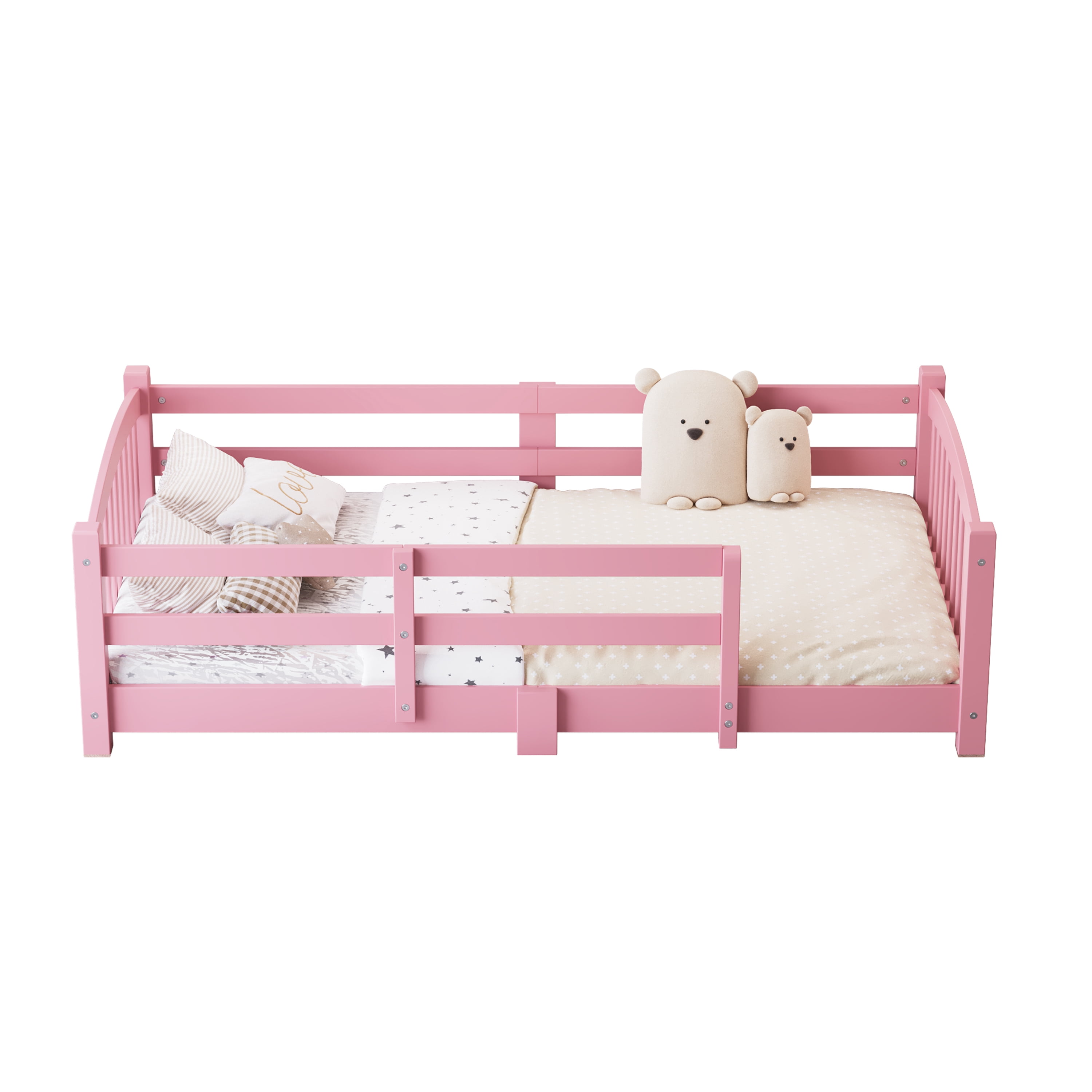 Euroco Wood Twin Size Platform Bed, Montessori Floor Bed with Safety Guardrails, Pink