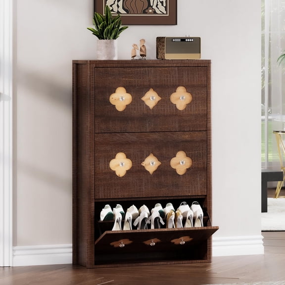 Shoe Cabinet with 3 Flip Drawers, Hidden Wood Shoe Storage Cabinet with Hollow Out Flower Pattern, Freestanding Slim Shoe Organizer Cabinet, Diamond-Shaped Handle, for Entryway, Hallway, Brown