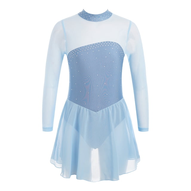 Sxiwei Kids Girls Long Sleeve Mesh Splice Figure Skating Dress with Rhinestone Keyhole Back Gymnastic Sky Blue 8
