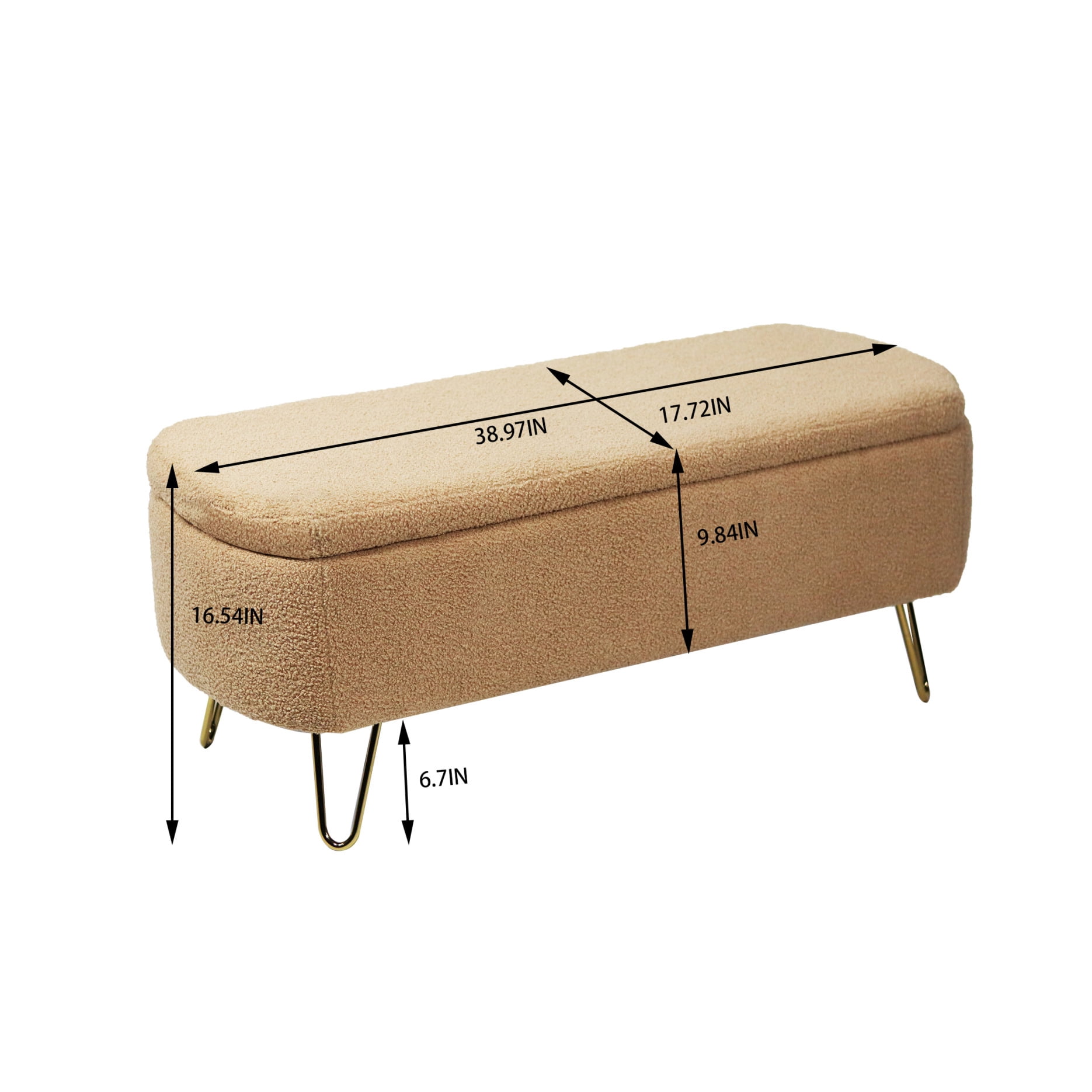 Oval Storage Bench 38.79" Modern Faux Fur Fabric Upholstered Entryway Bench with Gold Metal Legs Ottoman Bench Indoor Storage Bench for Living Room, Bedroom, End of Bed, Entryway, Bed Side, Camel