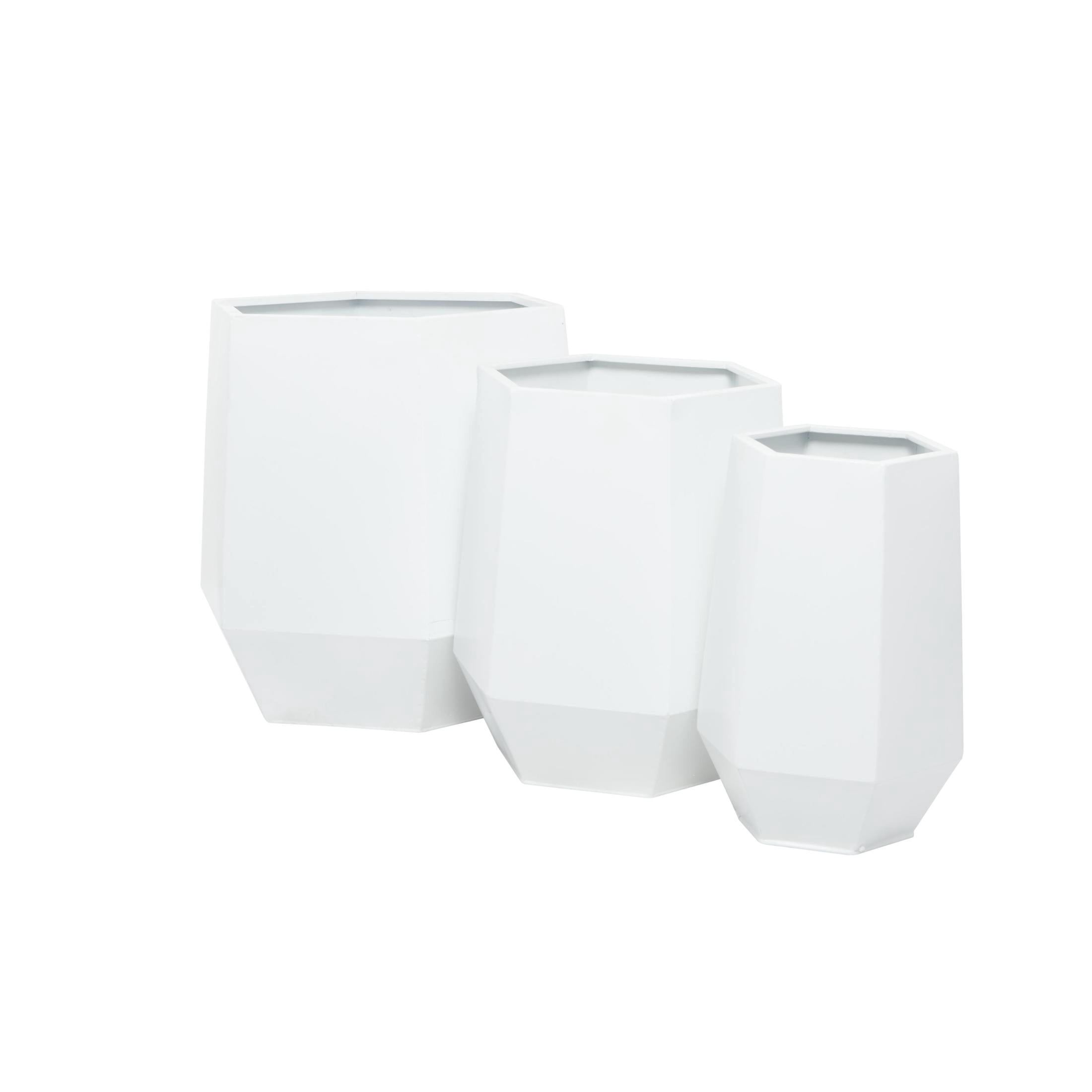CosmoLiving by Cosmopolitan White Metal Geometric Hexagon Indoor Outdoor Planter, Set of 3 20", 16", 10"W