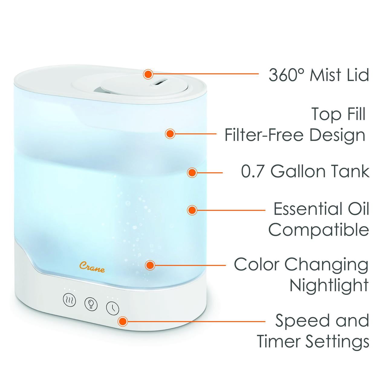 Crane 0.7 Gallon Top Fill Cool Mist Humidifier and Aroma Diffuser, with Color-Changing Night Light and Aroma Diffuser Function, Humidifier For Bedroom, Office or Nursery