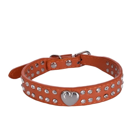 TureClos Pet Collar Rhinestones Crystal Heart PU Leather Pet Necklace Jewelry Holiday Gift Orange XXS