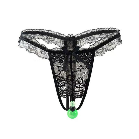Sunvit-Panties Womens Black Lace Thong Underwear, Nylon Spandex Stretch with Front Green Beads & Bow, Elastic Waistband, No Visible Panty Lines (VPL), Size XL