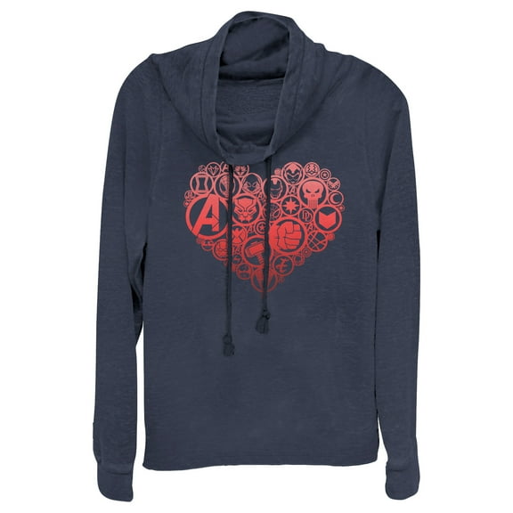 Junior's Marvel Valentine's Day Hero Icon Heart  Cowl Neck Sweatshirt Navy Blue X Small