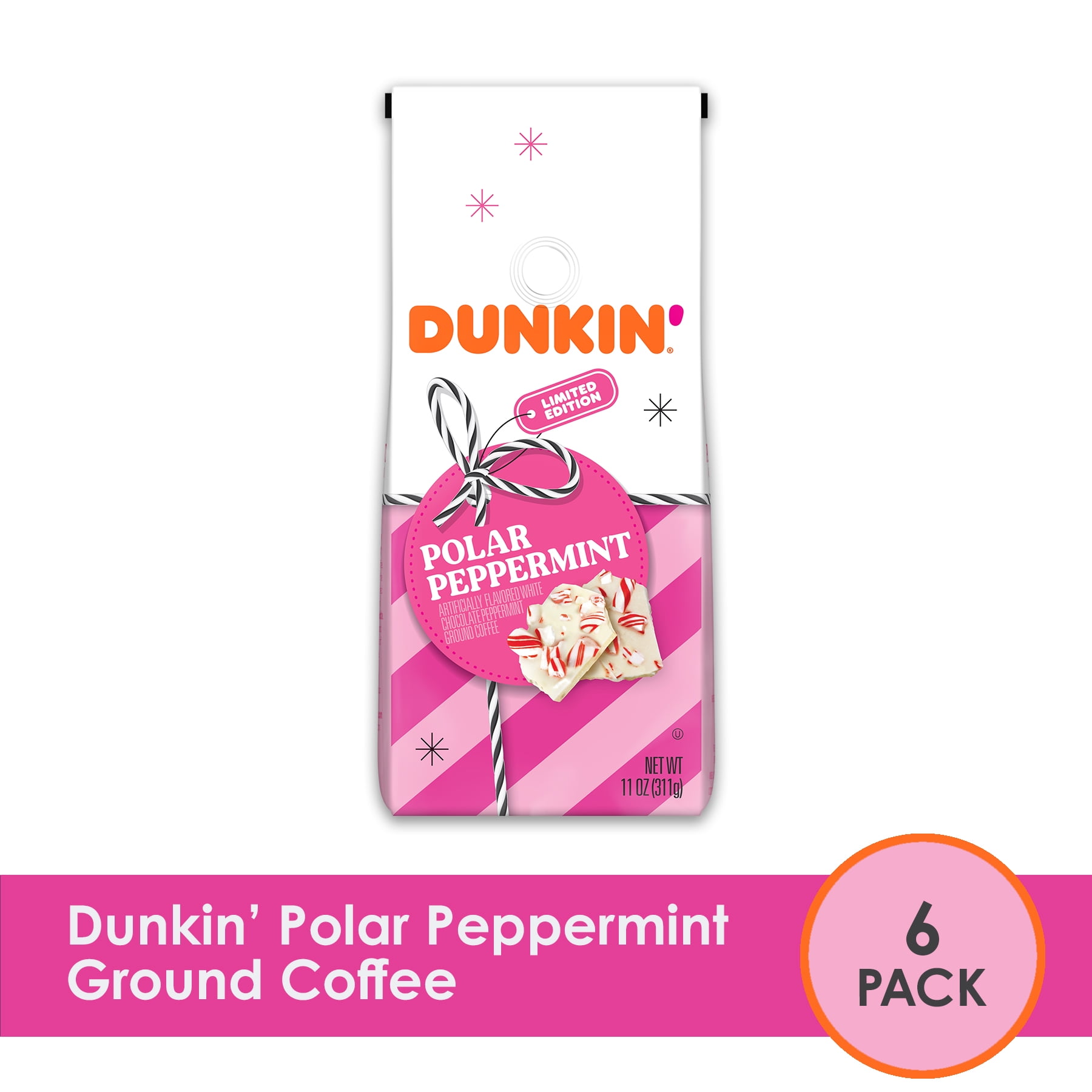 Dunkin' Polar Peppermint, Ground Coffee 11 ounce bag (Pack of 6