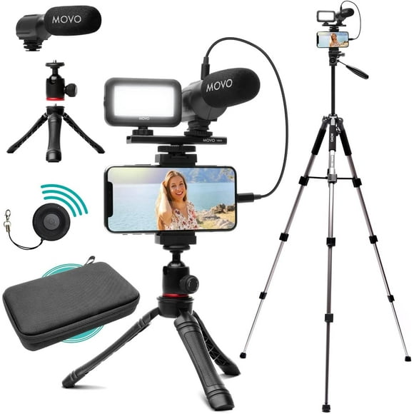 Movo iVlogger Kit de Vlogging pour iPhone avec Trépied Pleine Grandeur - Kit de Démarrage Compatible Lightning pour Créateurs de Contenu - Accessoires : Trépieds, Support de Téléphone, Lumière LED et Micro Shotgun
