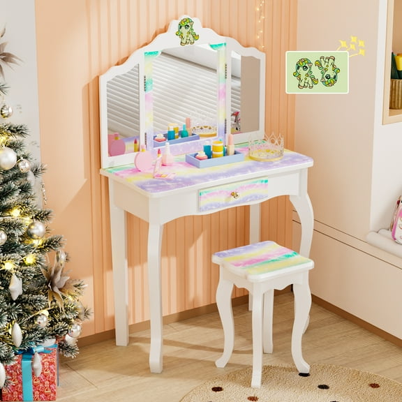 Ktaxon Kids' Vanity table and Stool, Makeup Dressing Table Set with 3 Mirrors, Princess Play Table Set, White